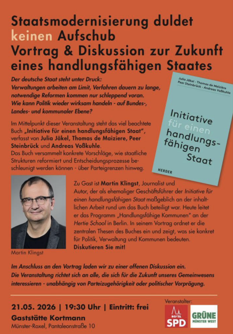 „Staatsmodernisierung duldet keinen Aufschub“ – Vortrag von Martin Klingst am 21. Mai um 19:30 Uhr (Roxel)